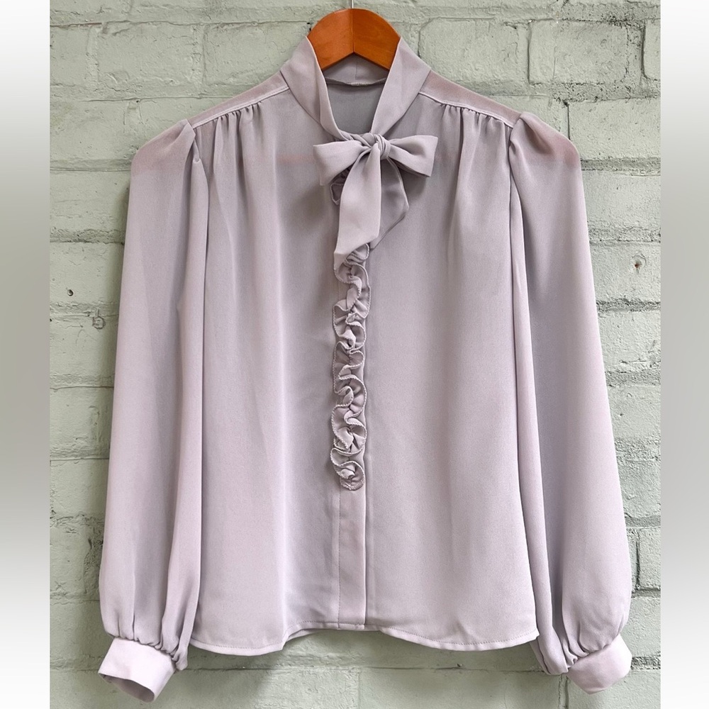 Vintage Sheer Gray Long Sleeve Ruffle Blouse with Bow Tie Collar - Picture 6 of 8
